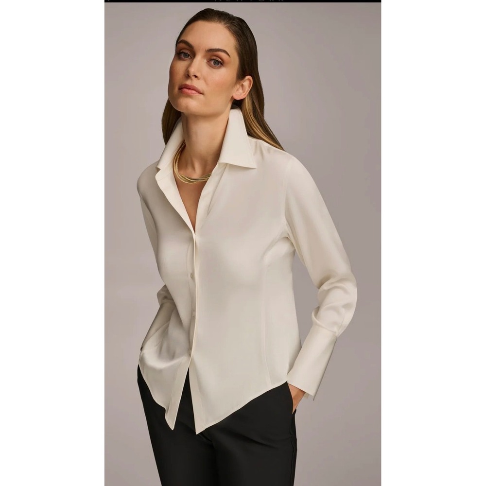 Donna Karan New York Cream Ivory Long Sleeve Button Down Blouse French Cuffs S